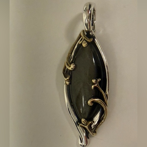 925 Sterling Silver & Brass Artisan Pendant Enhancer – Dark Stone Cabochon 🆕 - Picture 4 of 5